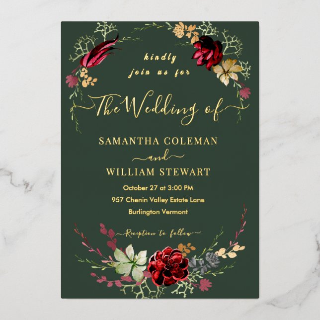 Rustic Boho Wildblume Royal Green Wedding Folieneinladung (Vorderseite)