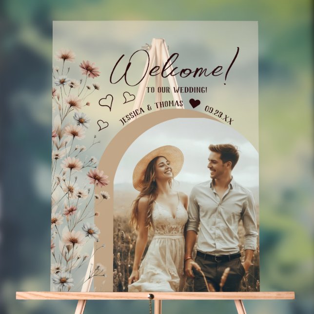 Rustic Boho Wildblumen Foto Arch Wedding Willkomme Acrylschild (Neutral)