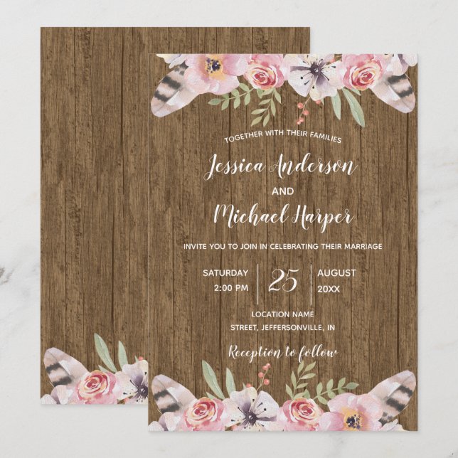 Rustic Boho Wood Floral Wedding Card Einladung (Vorne/Hinten)