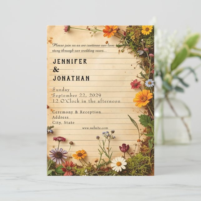 Rustic Book Lovers Print Floral Wedding Invitation Einladung (Stehend Vorderseite)