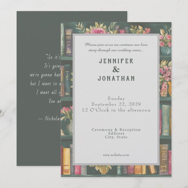 Rustic Book Lovers Print Floral Wedding Invitation Einladung (Vorne/Hinten)