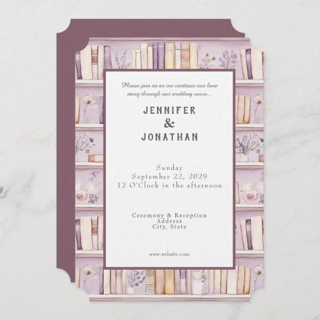 Rustic Book Lovers Print Wedding Invitation (Devant / Derrière)