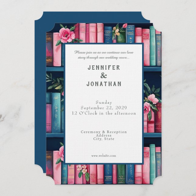 Rustic Book Lovers Print Wedding Invitation (Devant / Derrière)