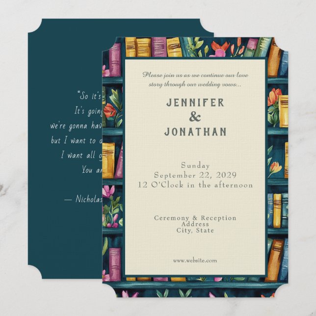 Rustic Book Lovers Print Wedding Invitation Einladung (Vorne/Hinten)