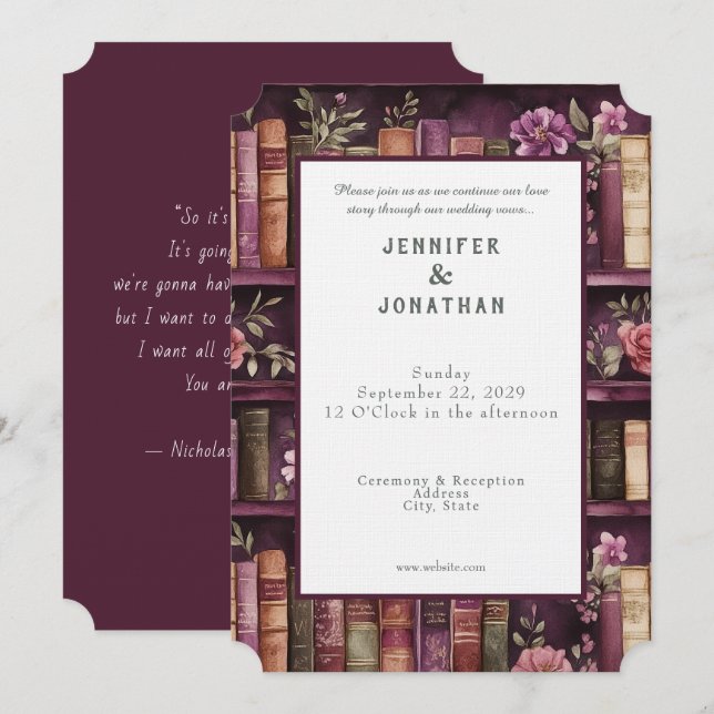 Rustic Book Lovers Print Wedding Invitation Einladung (Vorne/Hinten)