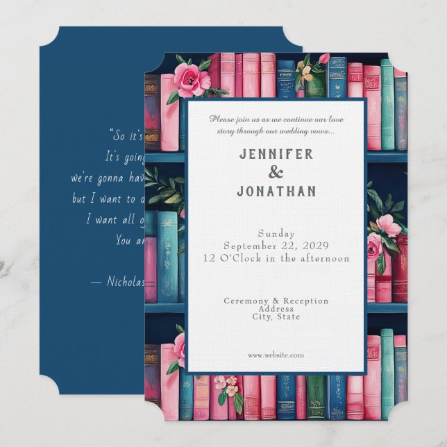 Rustic Book Lovers Print Wedding Invitation Einladung (Vorne/Hinten)