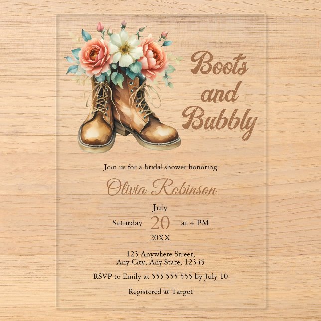 Rustic Boots and Bubbly Western Bridal Shower  Acryleinladungen (Vorderseite)
