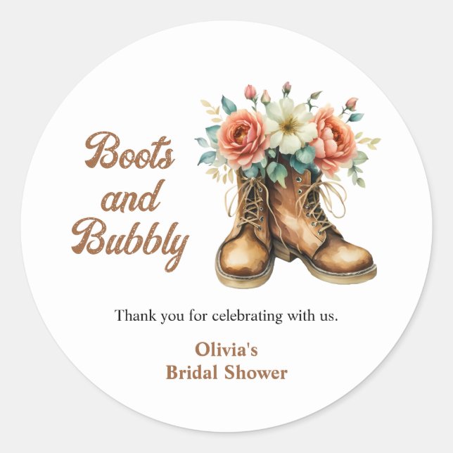 Rustic Boots and Bubbly Western Bridal Shower  Runder Aufkleber (Vorderseite)