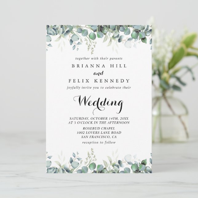Rustic Botanical Eucalyptus Greenery Wedding Einladung (Stehend Vorderseite)