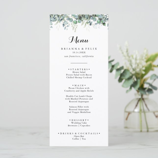 Rustic Botanical Eucalyptus Greenery Wedding Menükarte (Stehend Vorderseite)