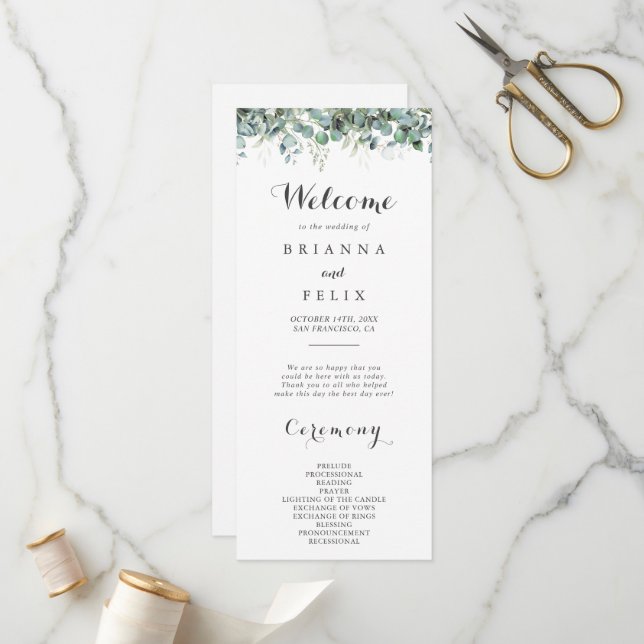 Rustic Botanical Eucalyptus Greenery Wedding Programm (Vorderseite/Rückseite Beispiel)