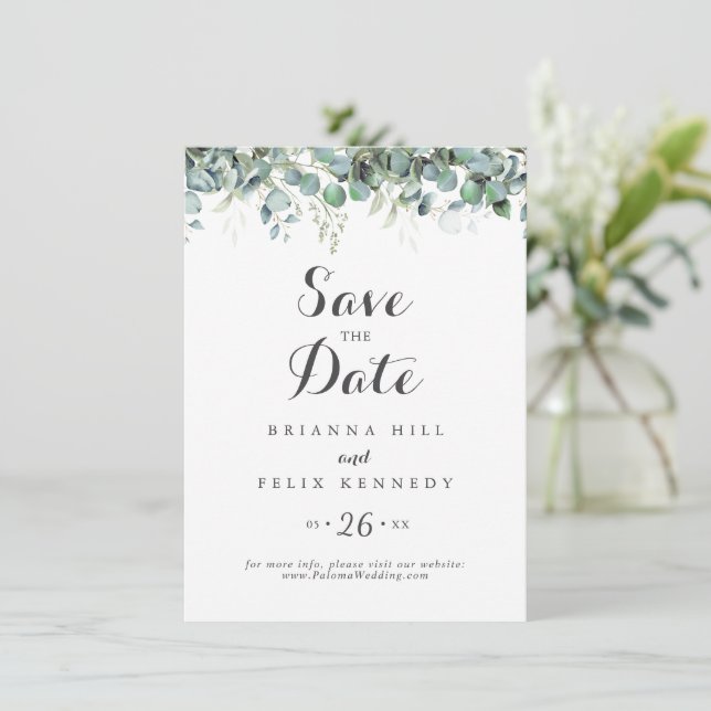 Rustic Botanical Eucalyptus Greenery Wedding Save The Date (Stehend Vorderseite)