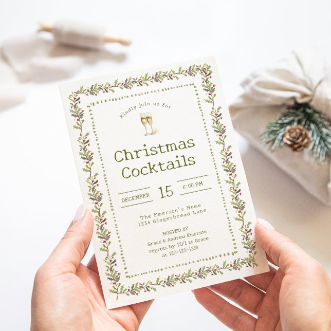 Rustic Botanical Green Christmas Party Invitation Einladung (Rustic Botanical Green Holiday Christmas Party Cocktails Invitation by Painted Paperie
)