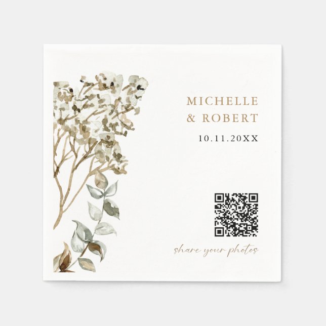 Rustic Botanical QR Code Share your Photos Wedding Serviette (Vorderseite)