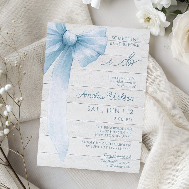 Rustic Bow Something Blue Bridal Shower Einladung (Rustic Bow Something Blue Bridal Shower Invitation)
