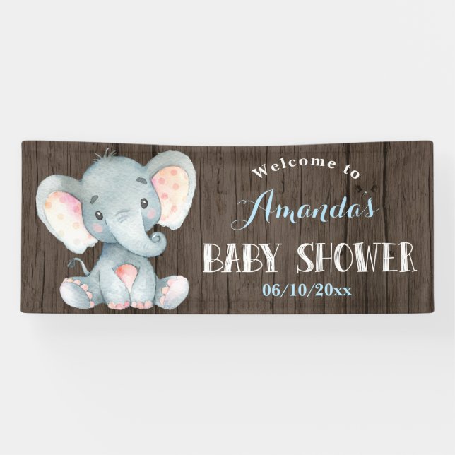Rustic Boy Elephant Baby Dusche Blau und Grau Banner (Horizontal)