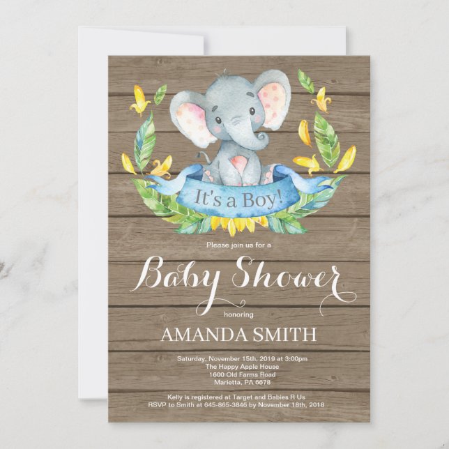 Rustic Boy Elephant Baby Shower Einladung (Vorderseite)