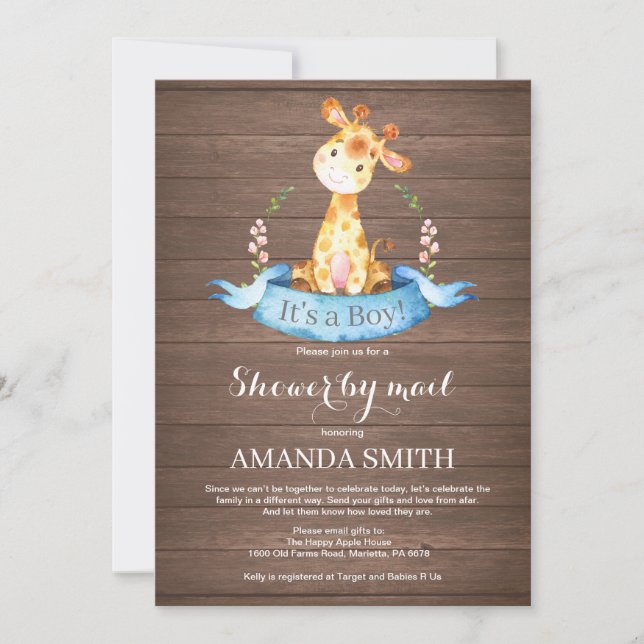 Rustic Boy Giraffe Baby shower par Mail Invitation (Devant)