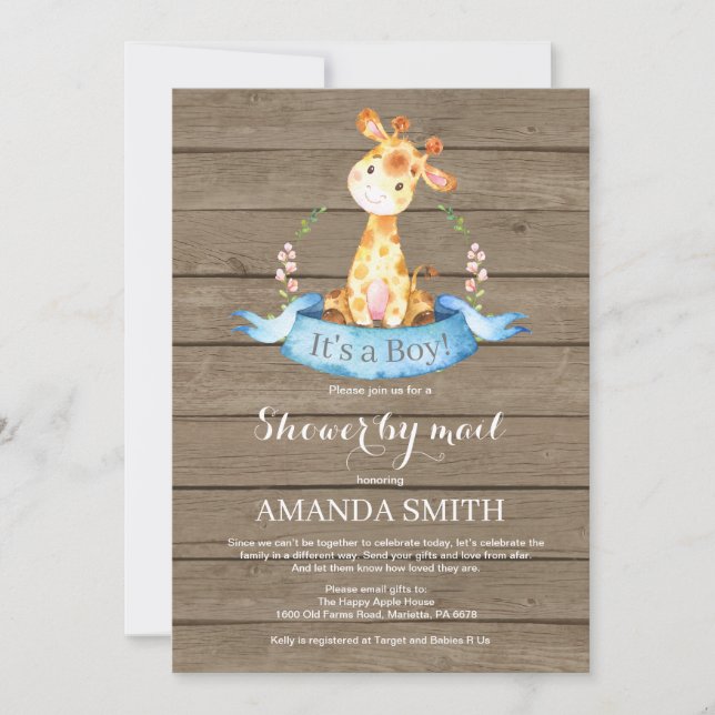 Rustic Boy Giraffe Baby shower par Mail Invitation (Devant)