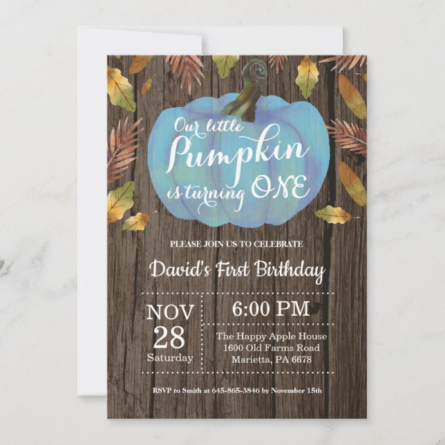 Rustic Boy Pumpkin Erster Geburtstag Einladung Blu (Vorderseite)