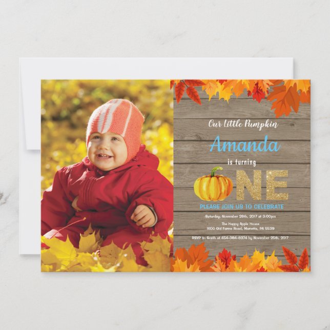 Rustic Boy Pumpkin Fall Geburtstag Einladung Gold (Vorderseite)