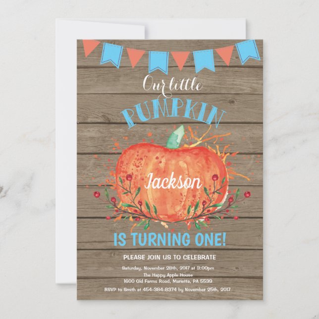 Rustic Boy Pumpkin Geburtstag Einladung Blue (Vorderseite)
