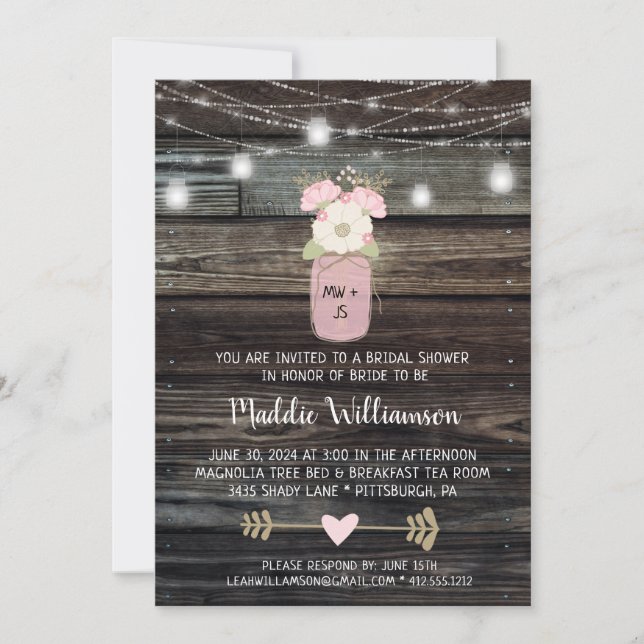 Rustic Bridal Shower Mason Jar Lights Boho Floral  Einladung (Vorderseite)