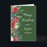 Rustic Brother Stepson Frohe Weihnachten Karte<br><div class="desc">Frohe Weihnachten für Stiefelkarte in rustikalen Wald grün und Aquarell Blume und Blattwerk.</div>