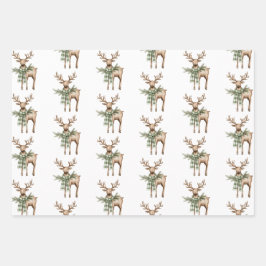 Rustic Brown Bows Cream Green Christmas Trees Deer Geschenkpapier Set