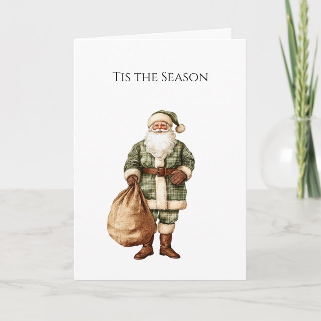 Rustic Brown Cream Green Christmas Santa Karte (Vorderseite)