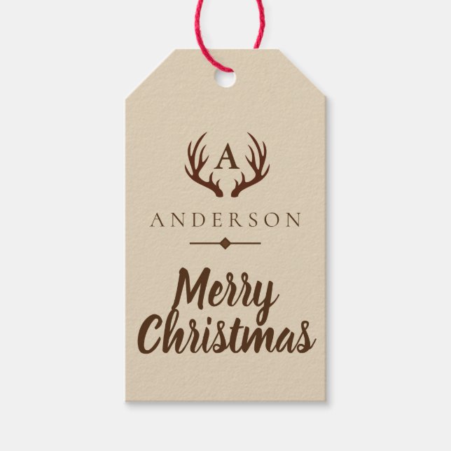 Rustic Brown Deer Antlers & Familienname Weihnacht Geschenkanhänger (Vorderseite)