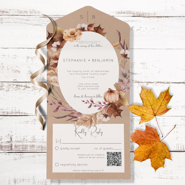 Rustic Brown Fall Floral & Blätter QR Code All In One Einladung (Von Creator hochgeladen)