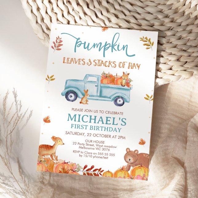 Rustic Brown Fall Pumpkin Truck 1st Birthday Einladung (Fall Pumpkin Truck First Birthday Invitation Template Printable Pumpkins Leaves and Stacks Hay )