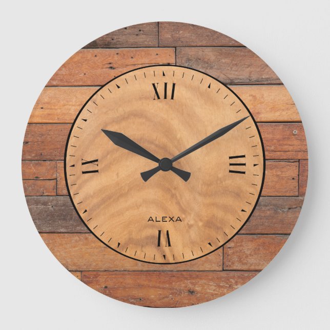 Rustic brown faux wood planks große wanduhr (Vorderseite)