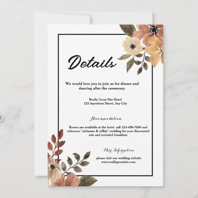 Rustic Brown Floral Détails Mariage Carte de boîti (Devant)