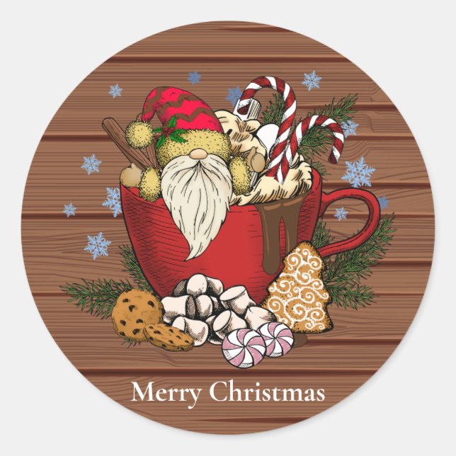 Rustic Brown Gnome Frohe Weihnachtsschneeflocken Runder Aufkleber (Vorderseite)