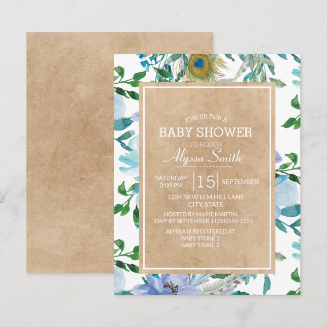Rustic Brown Kraft Blue White Floral Baby Dusche Einladung (Vorne/Hinten)