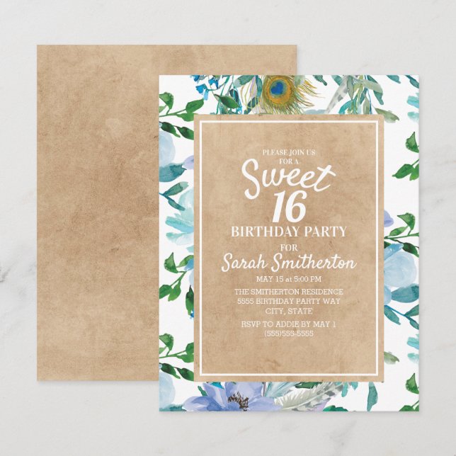 Rustic Brown Kraft Blue White Floral Sweet 16 Einladung (Vorne/Hinten)