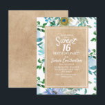 Rustic Brown Kraft Blue White Floral Sweet 16 Einladung<br><div class="desc">Schönes botanisches Baby blau und weiß Aquarell florale boho-Stil süße 16 Geburtstagsfeier Einladung auf rustikal braunes Kraftpapier.</div>