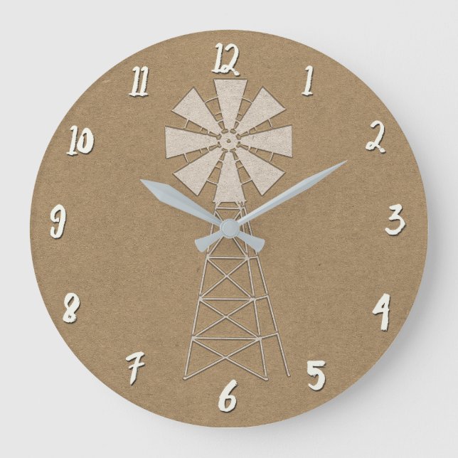 Rustic Brown Kraft Farm Windmill Country Modern Große Wanduhr (Vorderseite)