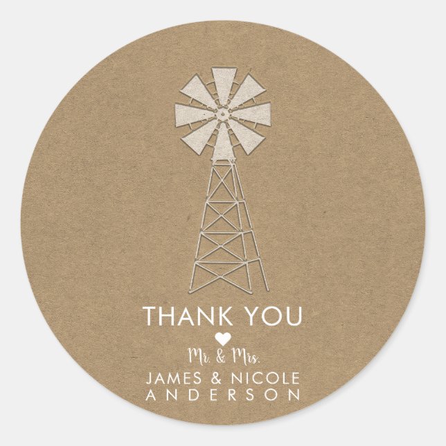 Rustic Brown Kraft Farm Windmill Moderne Hochzeit Runder Aufkleber (Vorderseite)