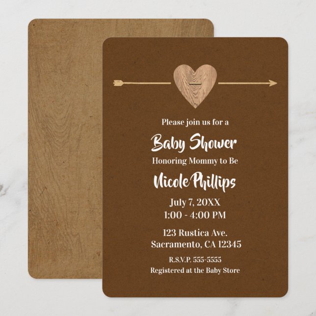 Rustic Brown Kraft Heart Arrow Barn Baby Dusche Einladung (Vorne/Hinten)