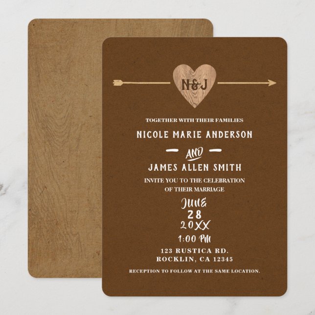 Rustic Brown Kraft Heart Arrow Woodsy Wedding Einladung (Vorne/Hinten)