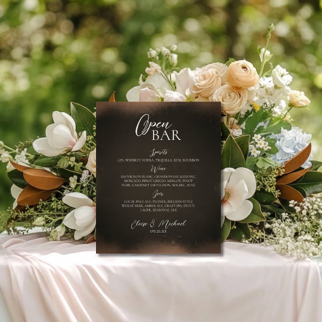 Rustic Brown Open Bar Wedding  Sockelschild (Give your open bar and added touch of elegance with this Rustic Brown Bar Sign!)