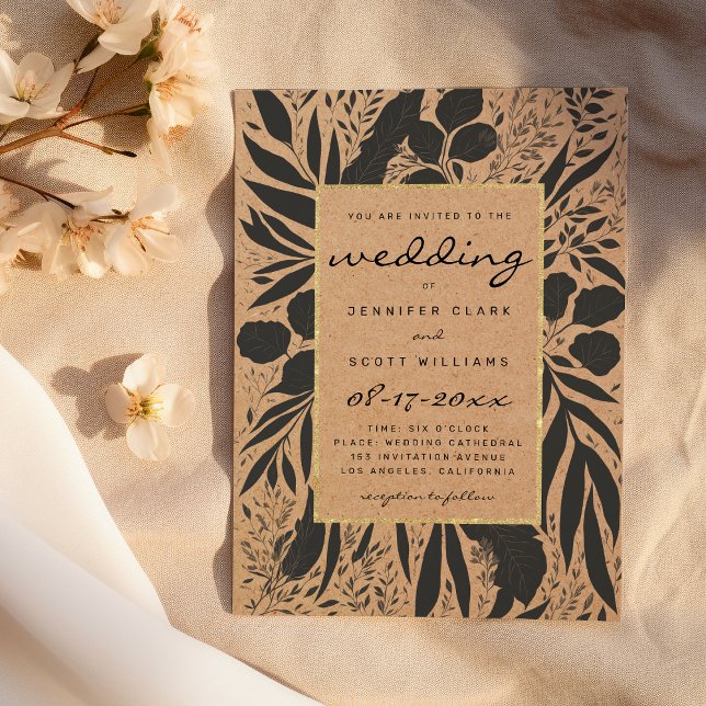 Rustic brown paper black gold floral wedding einladung (Rustic brown paper black gold floral wedding)