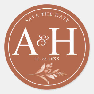Rustic Brown White Monogram Save the Date Wedding Runder Aufkleber