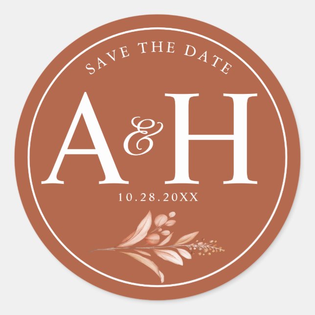 Rustic Brown White Monogram Save the Date Wedding Runder Aufkleber (Vorderseite)