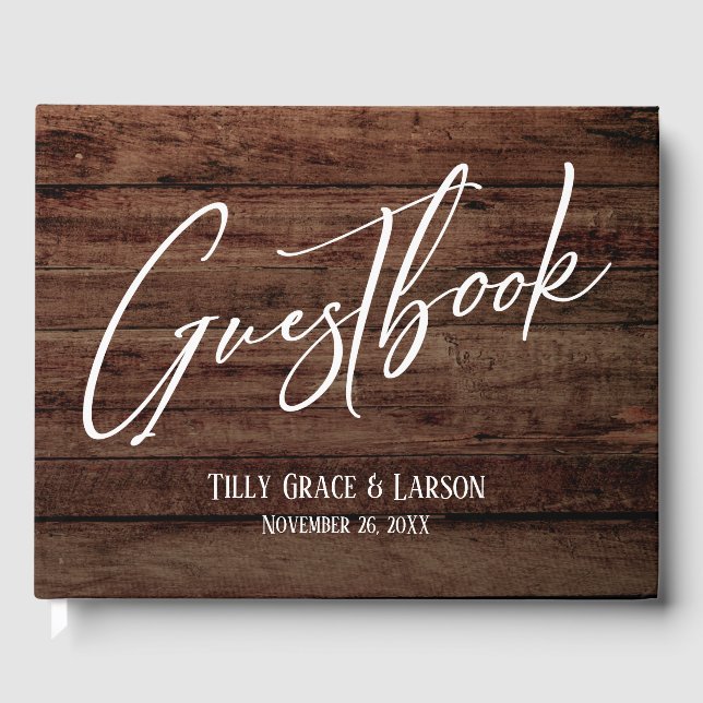 Rustic Brown Wood and Handwriting Guestbook Gästebuch (Vorderseite)