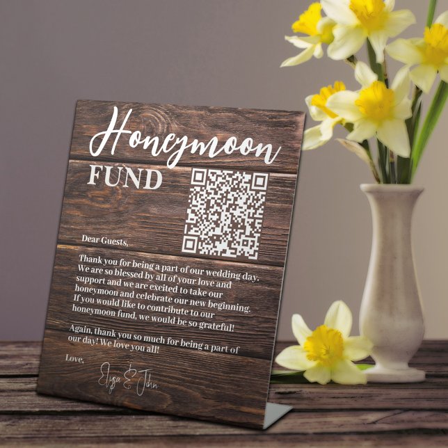 Rustic Brown Wood Elegant QR Code Honeymoon Fund Sockelschild (Von Creator hochgeladen)
