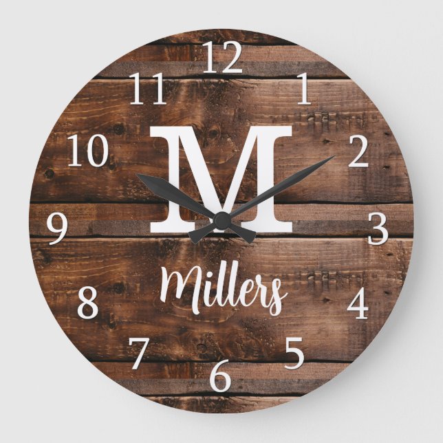 Rustic Brown Wown Script Family Name Mit Monogramm Große Wanduhr (Vorderseite)